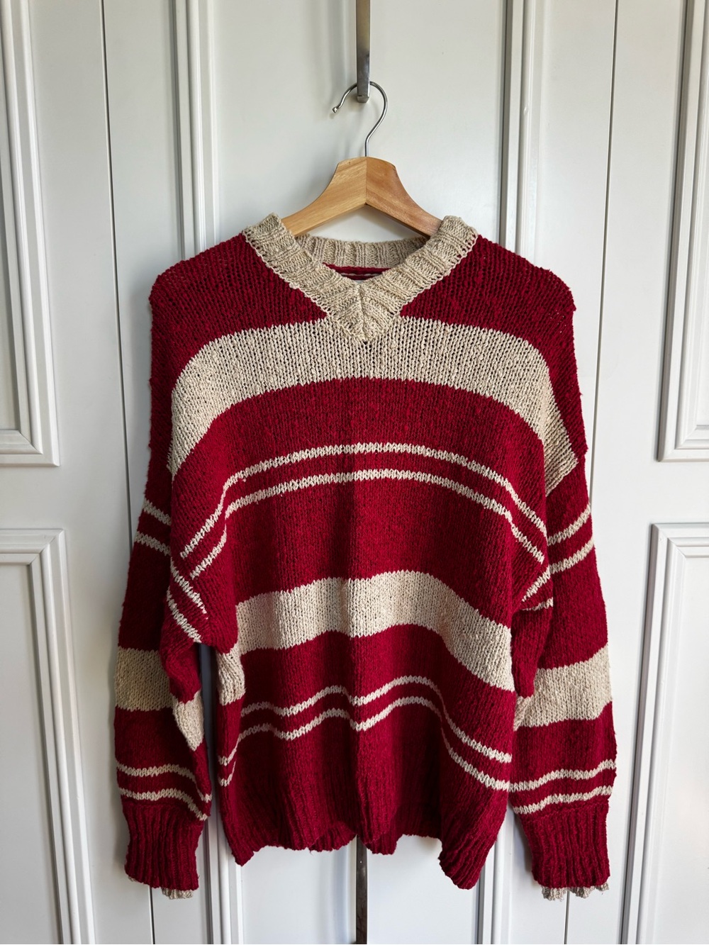 Urban Outfitters/BDG Striped Knit V Neck Sweater - Size Small Red and Beige